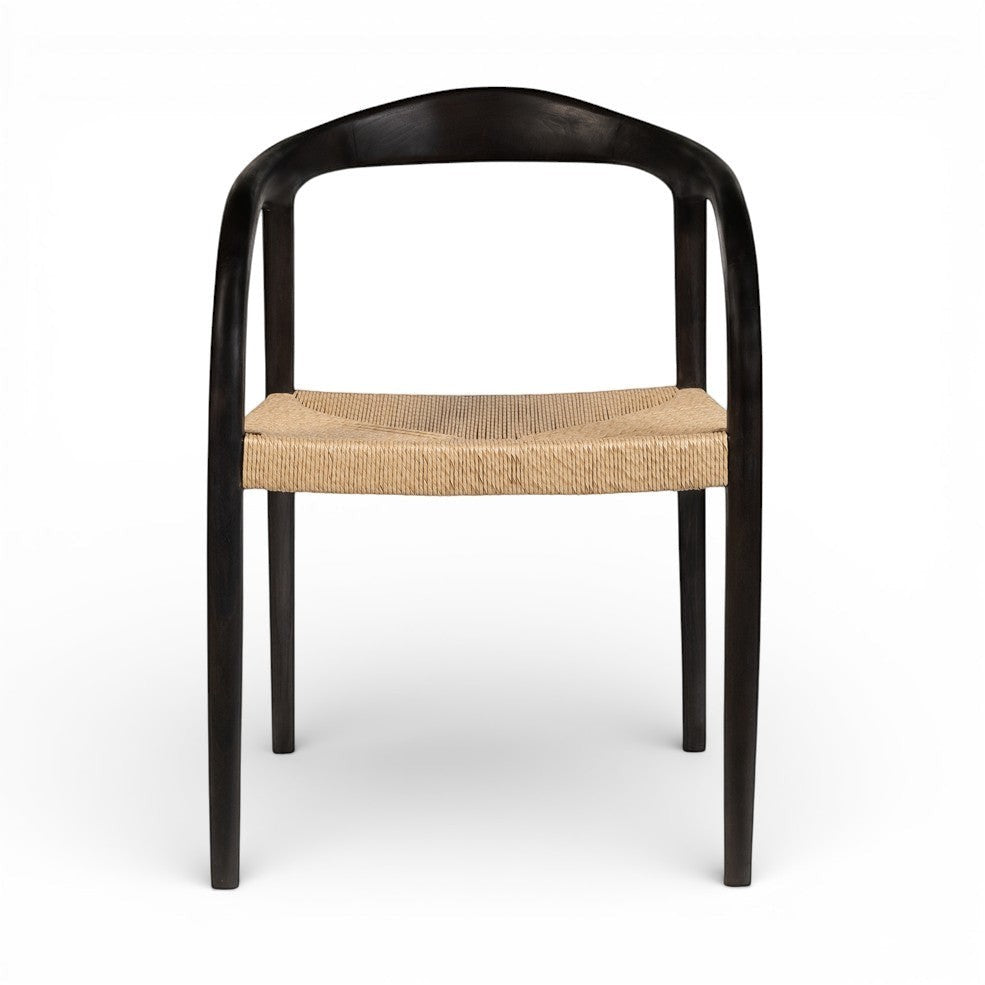 Kayu Living Cemagi chair with dark brown teak frame and handwoven rope seat, suitable for indoor/outdoor use.