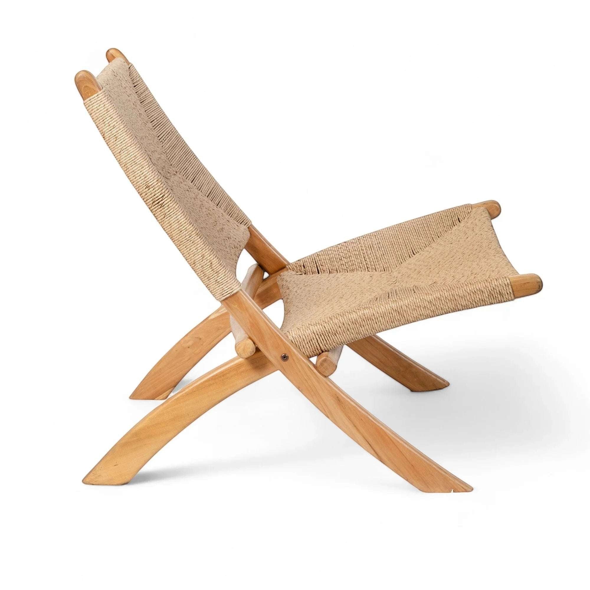 Kayu Living Cemagi foldable lounge chair with natural woven rope seat and teak frame. Ideal for indoor/outdoor use.