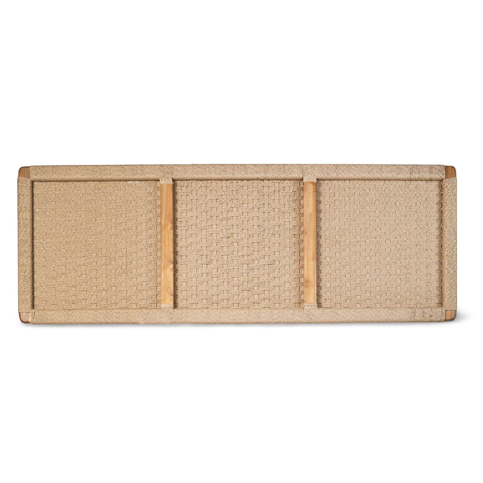 Kayu Living Cemagi handwoven rope headboard with solid teak frame and natural finish. Adds texture to bedroom.