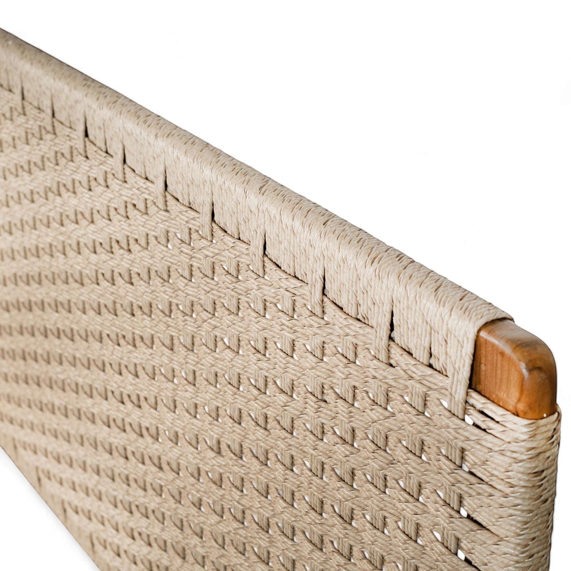 Kayu Living Cemagi handwoven rope headboard with solid teak frame and natural finish. Available in 160cm and 180cm widths.