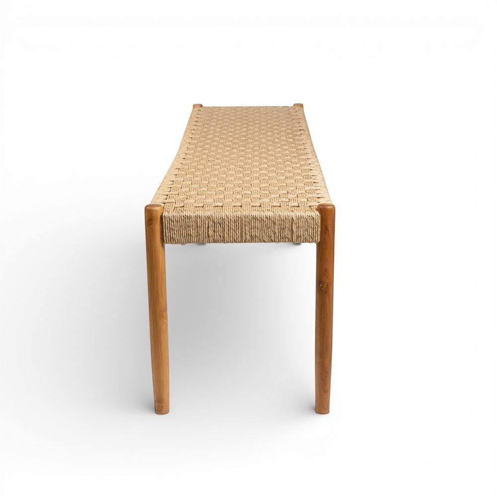 Kayu Living Cemagi 180cm bench with solid teak frame and handwoven natural rope seat. Timeless design for versatile use.