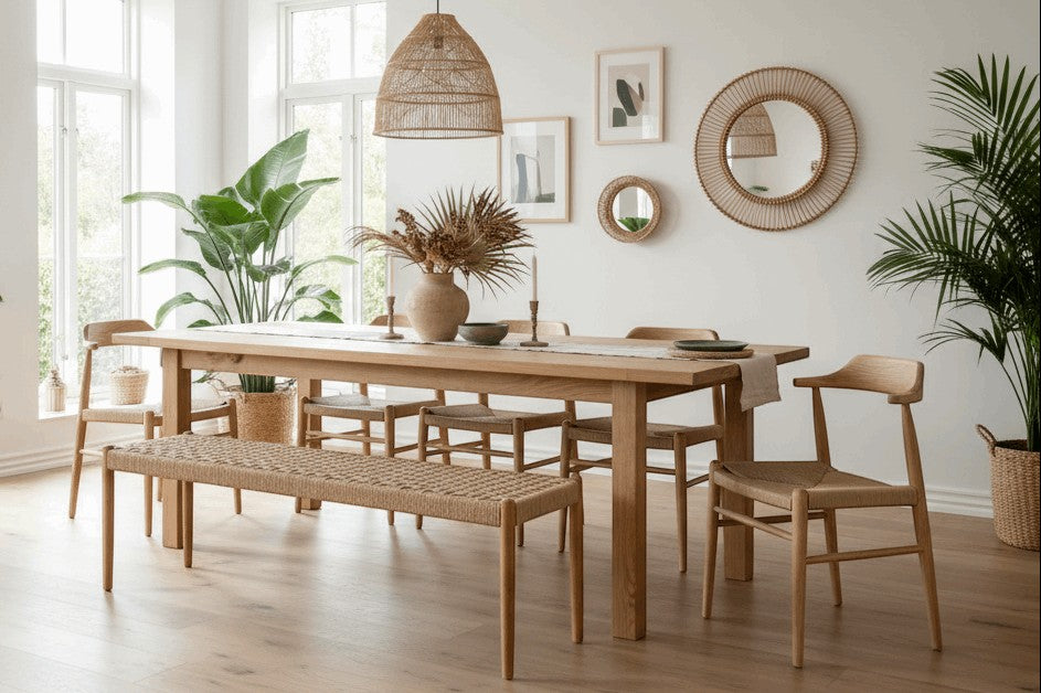 Kayu Living Cemagi 180cm solid teak bench with handwoven rope seat, natural wood finish.