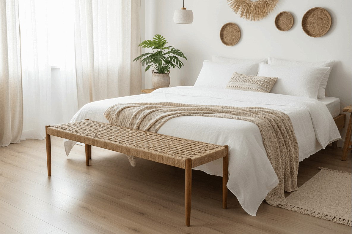 Kayu Living Cemagi 180 cm bench with solid teak frame and handwoven natural rope seat, perfect for bedroom or hallway.