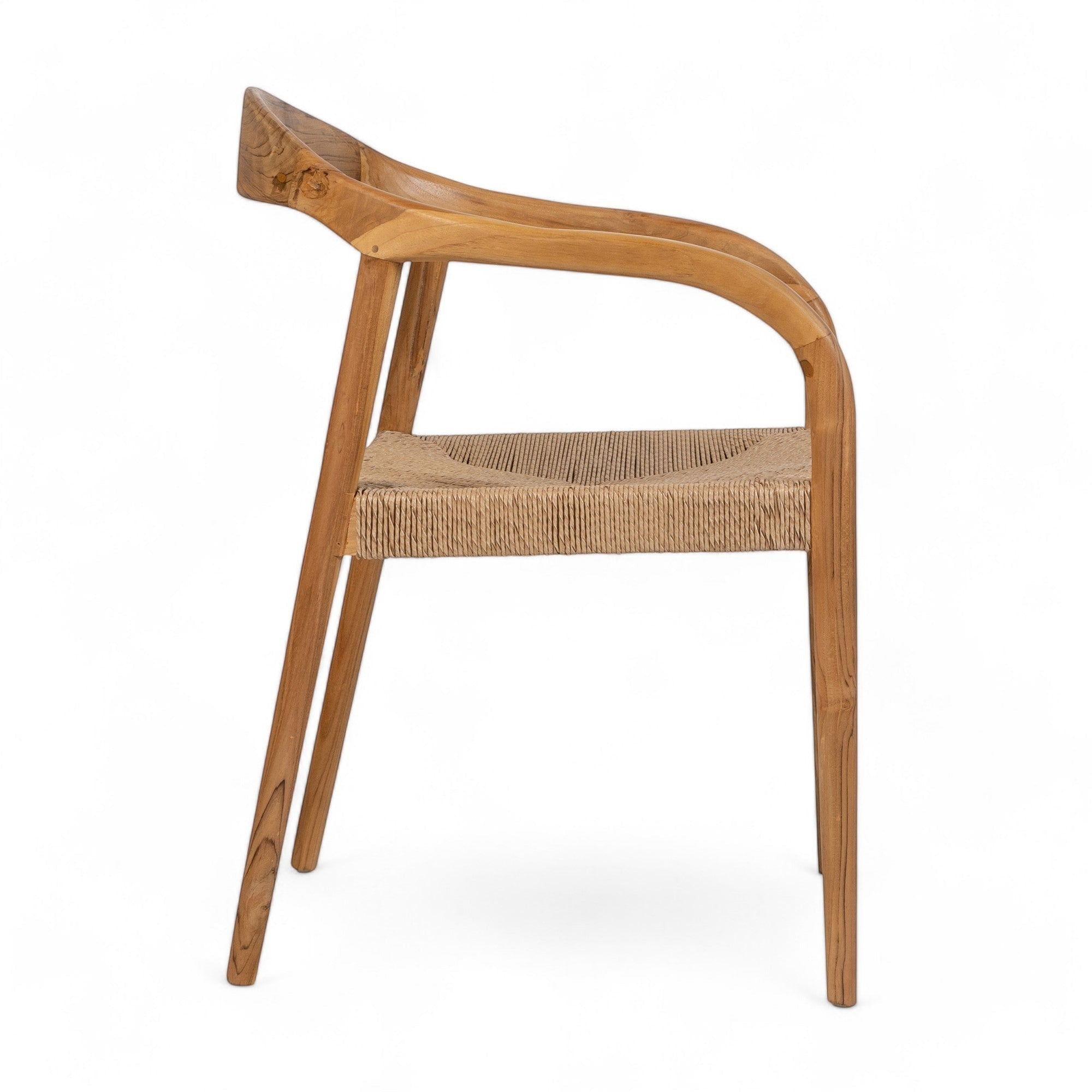 Kayu Living Cemagi chair with teak frame and handwoven rope seat, suitable for indoor/outdoor use.