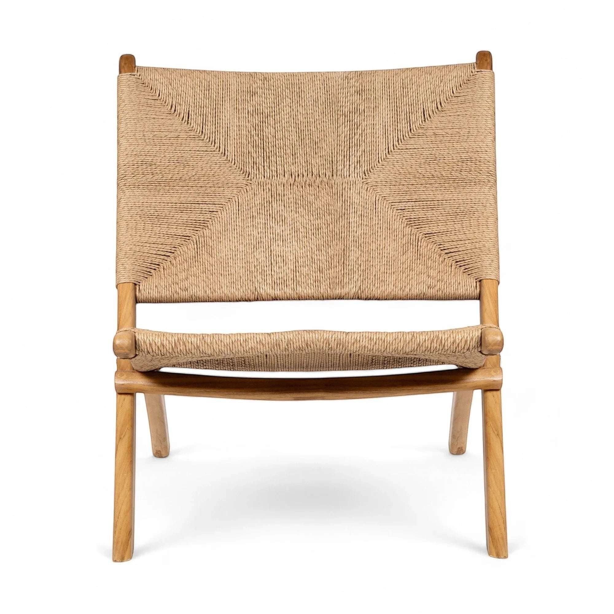 Kayu Living Cemagi foldable lounge chair with natural woven rope seat and teak frame, ideal for indoor/outdoor use.