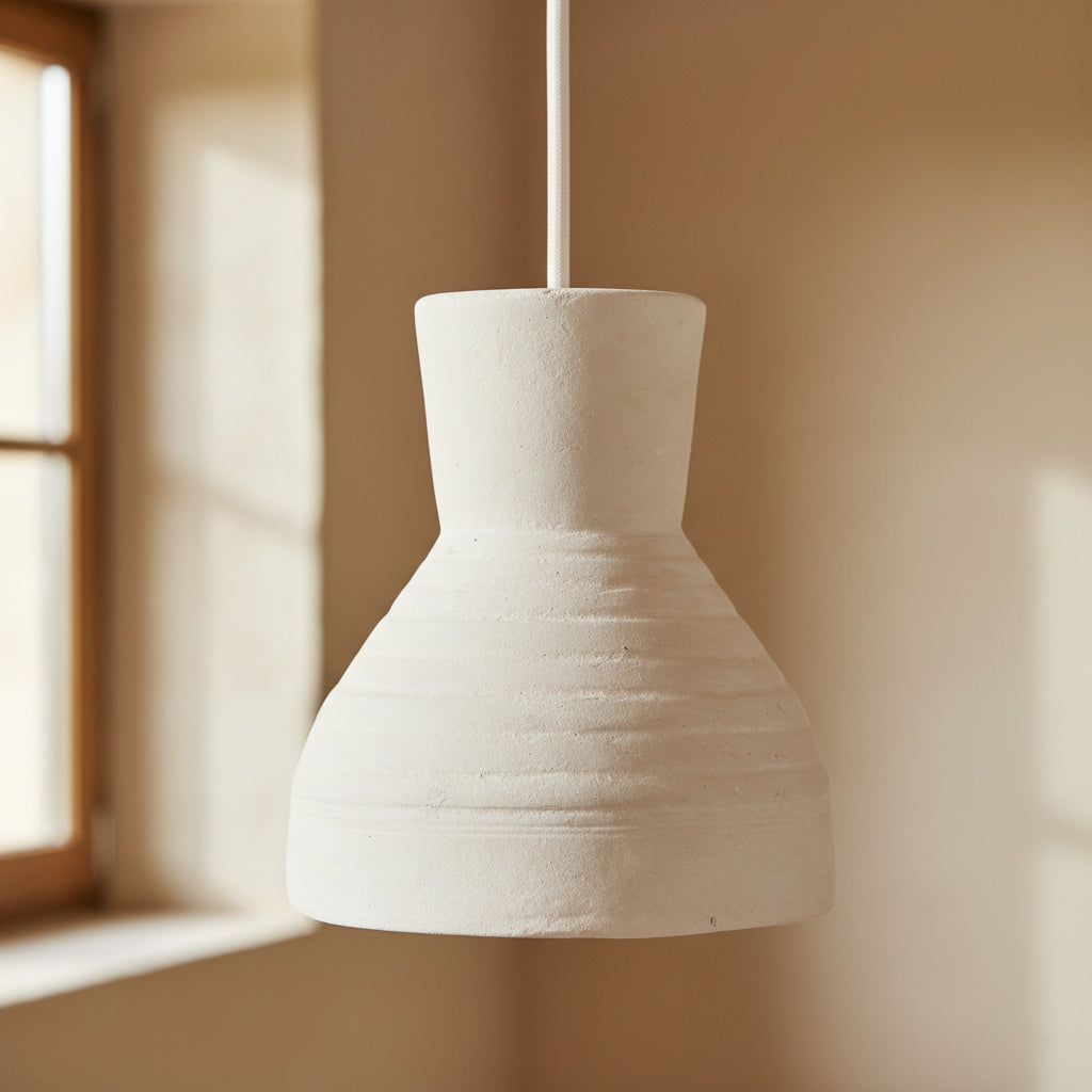 Kayu Living Chalk Sukkur pendant lamp in natural matte Ecomix with organic, textured papier-mâché finish.