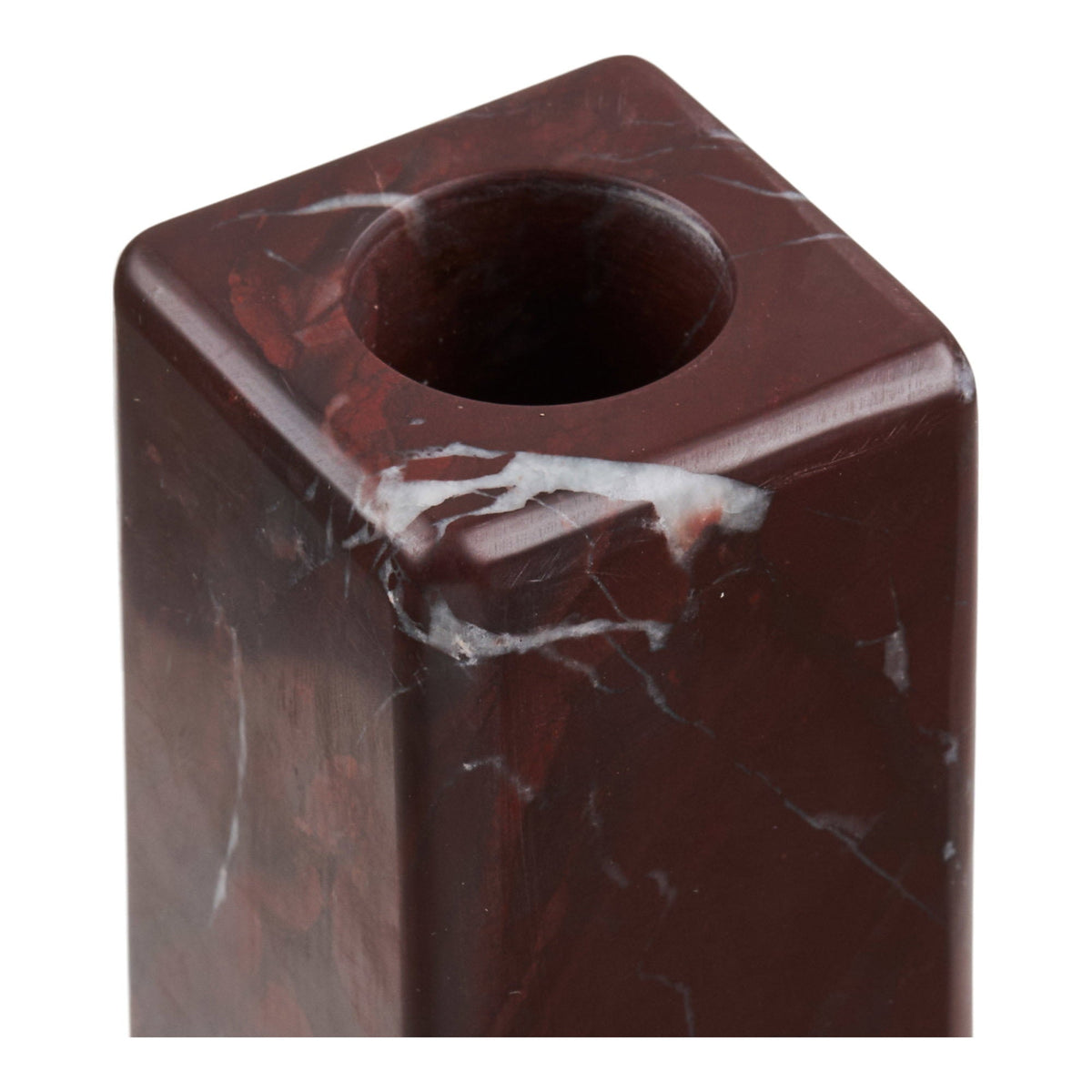 Kayu Living chestnut-red marble candle holder with a minimalist square design and natural white veining.