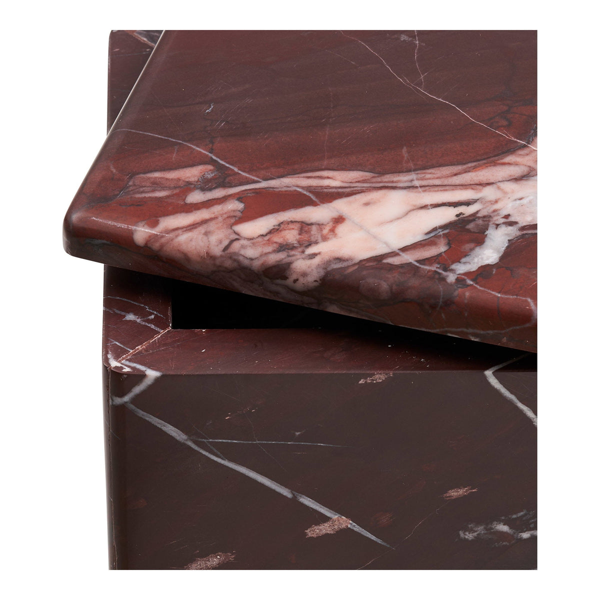 Kayu Living chestnut-red marble jar with a square lid, showing natural stone veining and polished finish.