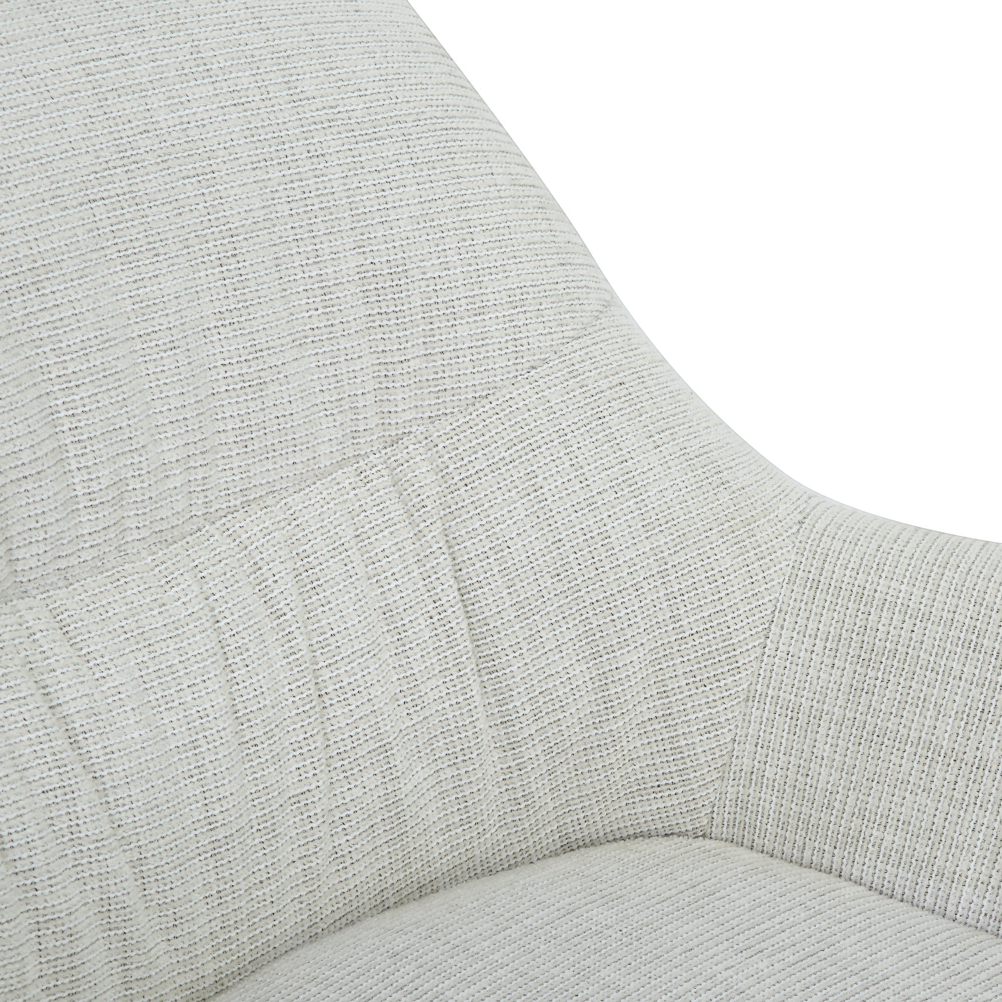 Close-up of the textured greige fabric on a Kayu Living Daphne swivel armchair with elegant curved armrest design.
