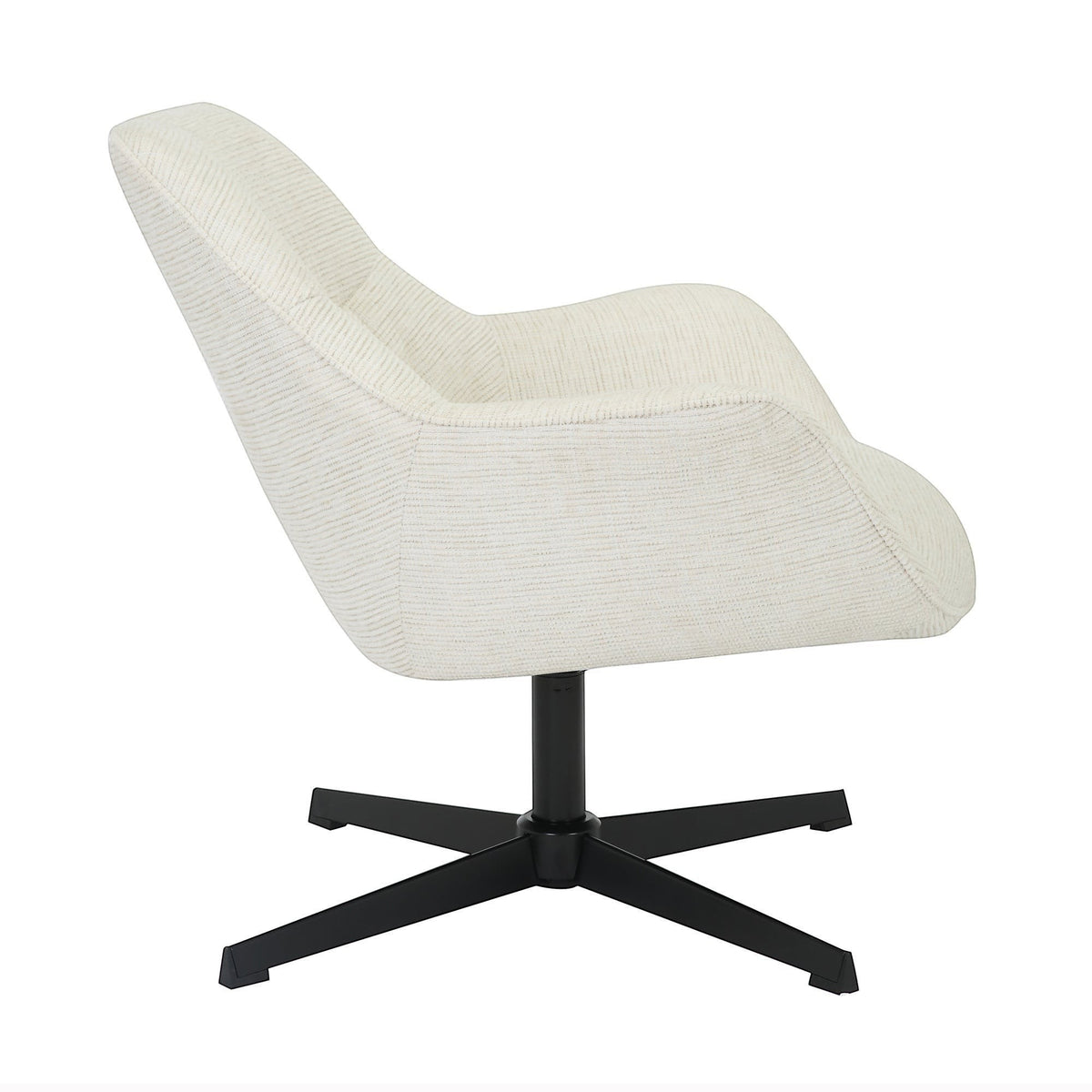 Kayu Living Daphne swivel armchair in sand textured fabric with a black metal cross base, side view.
