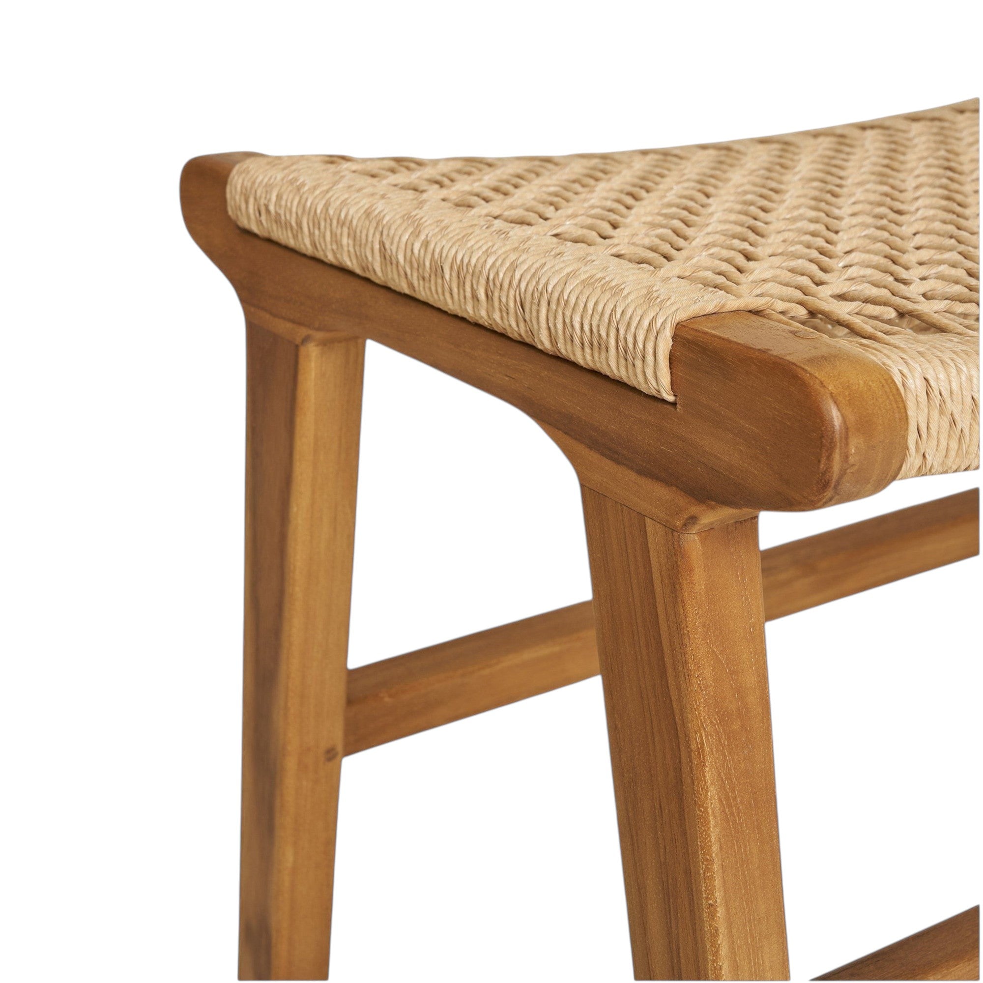 Kayu Living Derby footstool featuring a natural teak wood frame and a woven rope seat in a close-up view.