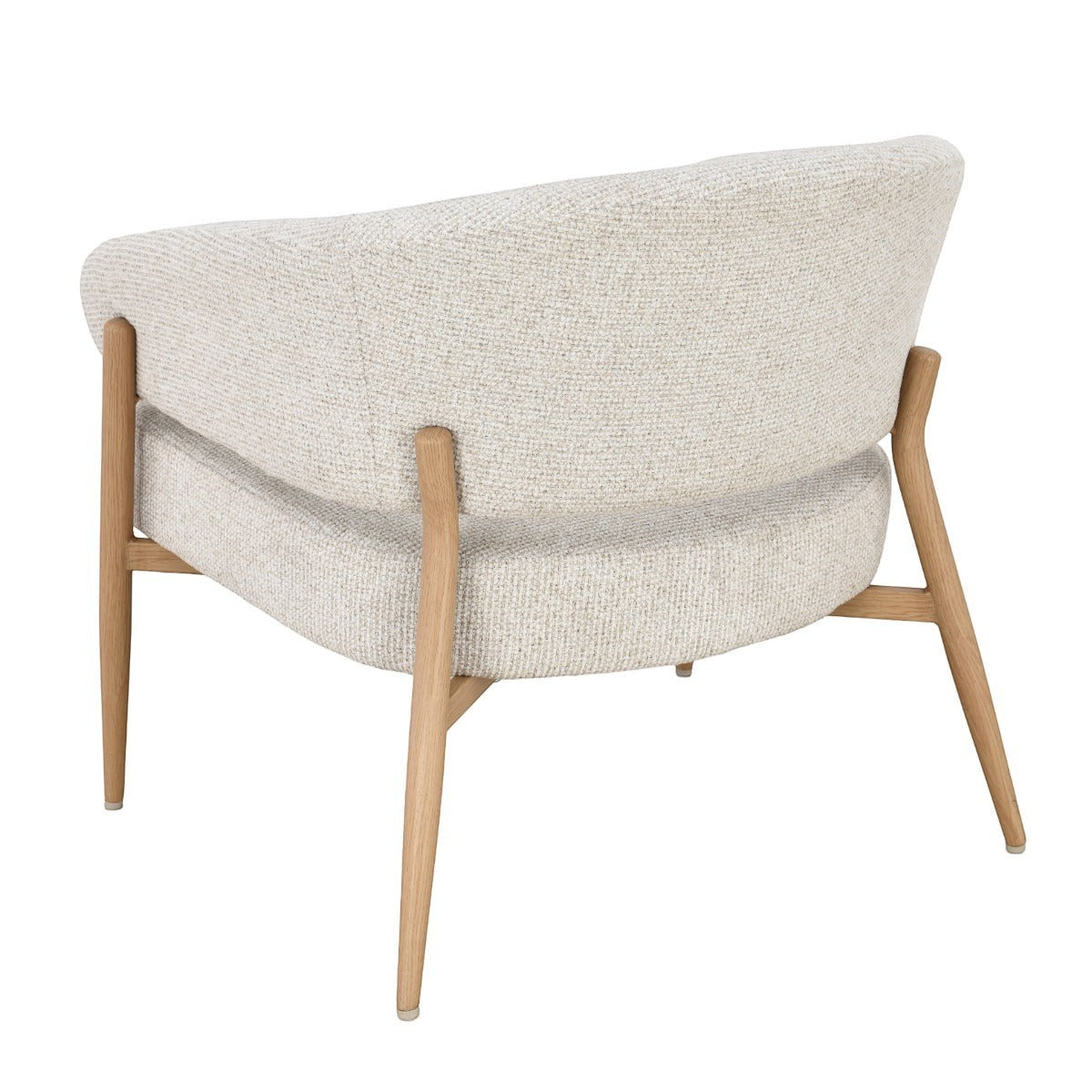 Kayu Living Dilan Hush lounge chair in oak with textured natural upholstery and a curved backrest, rear view.