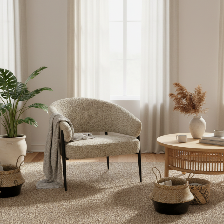 A modern curved armchair upholstered in a textured beige bouclé fabric with black legs, styled in a bright, neutral-toned living room next to a round wooden coffee table and a potted plant.