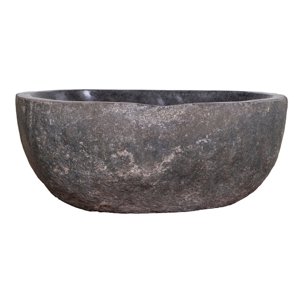 Kayu Living Donau riverstone sink with a natural grey textured exterior and smooth basin for a spa-inspired bathroom.