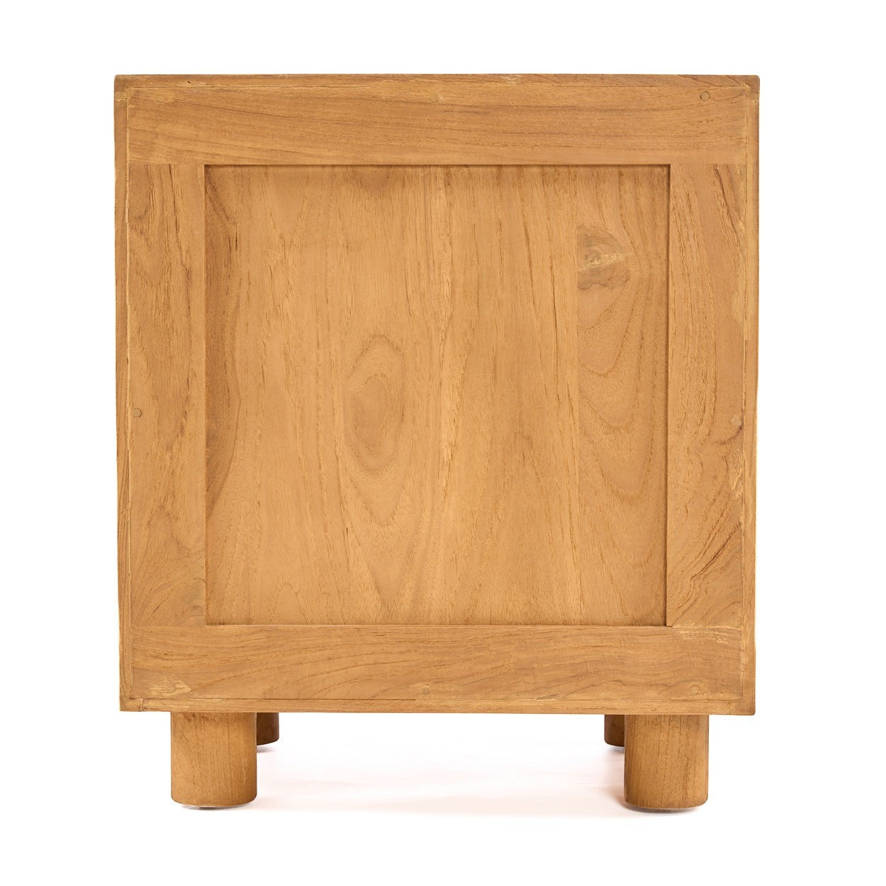 Kayu Living Eclipse nightstand in solid teak with natural wood grain, square frame, and sturdy cylindrical feet.