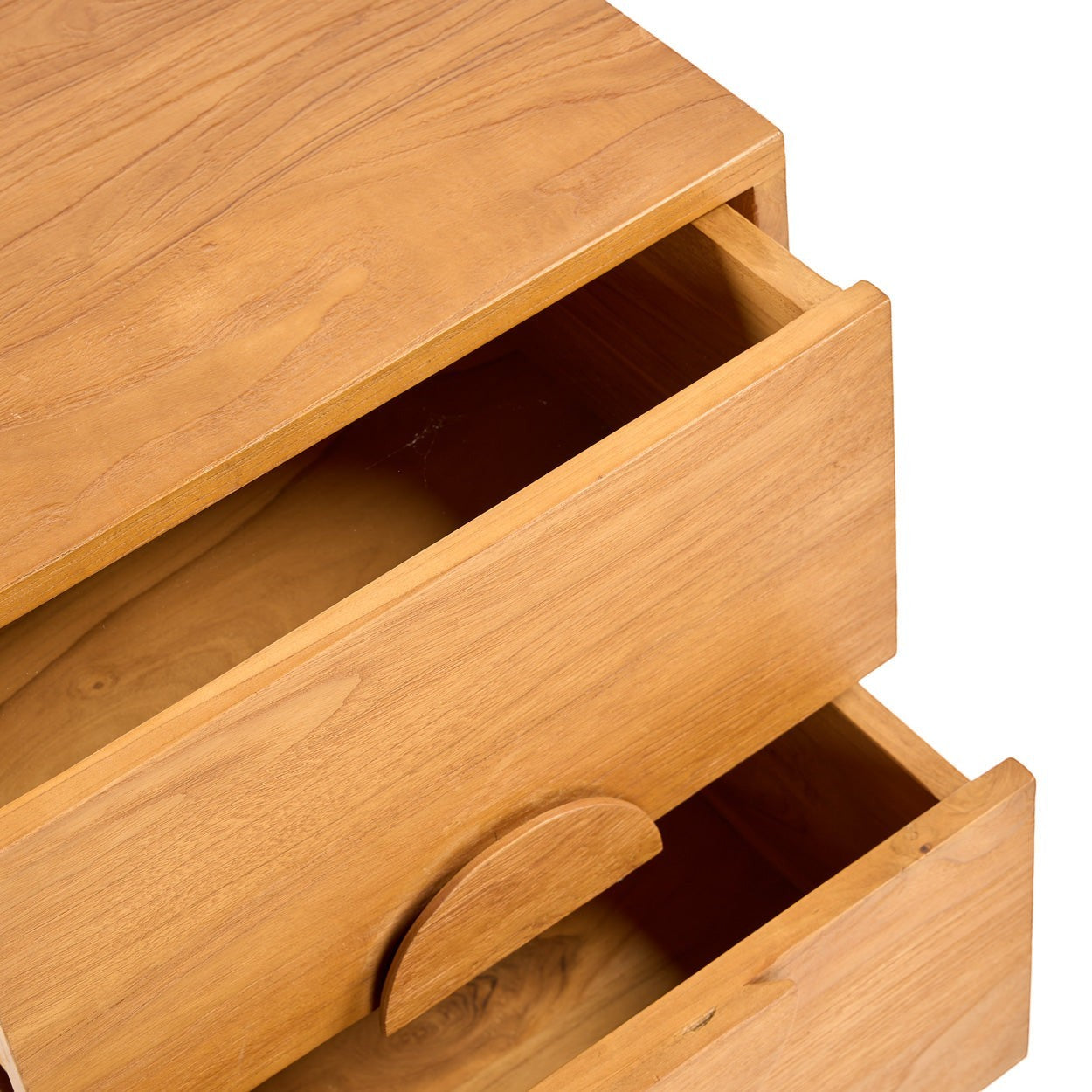 Kayu Living Eclipse nightstand in solid teak with two drawers and a sculpted circular handle, Japandi style.