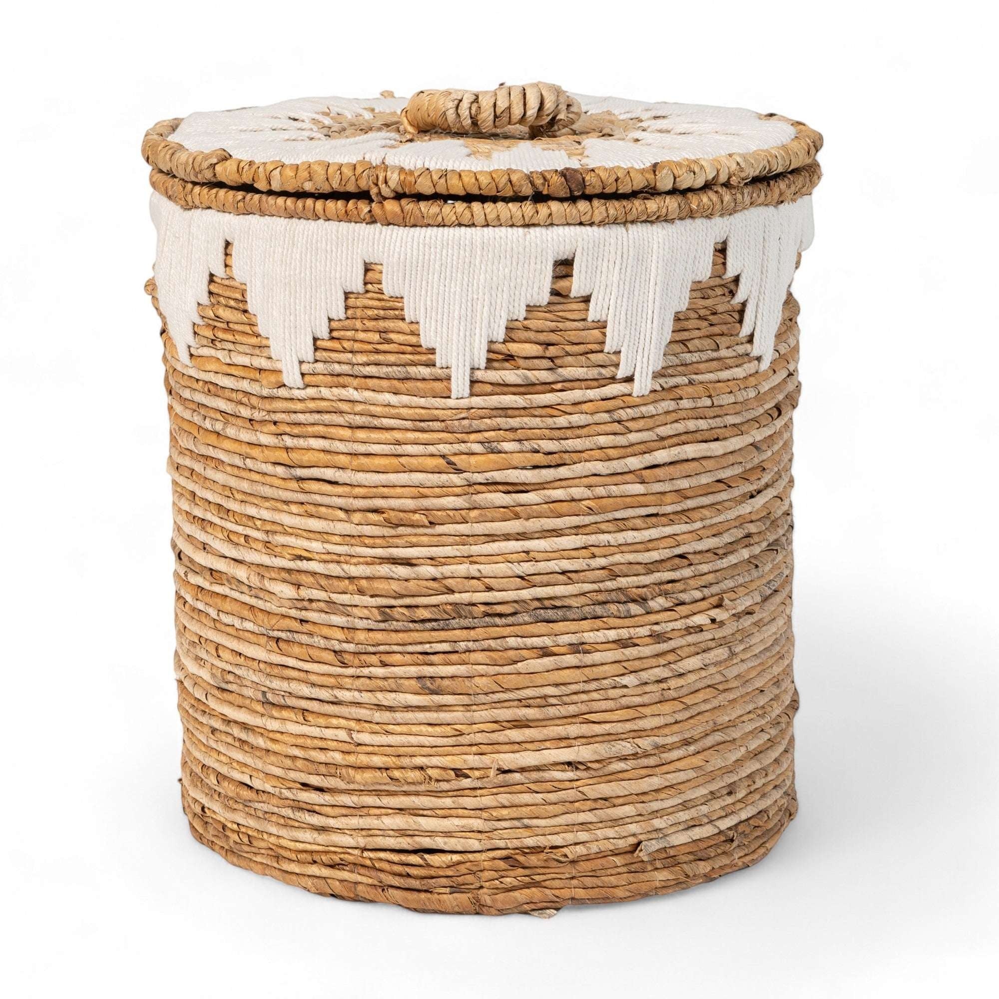 Kayu Living natural banana cord storage basket with lid and white embroidery detail. Perfect for home organization.