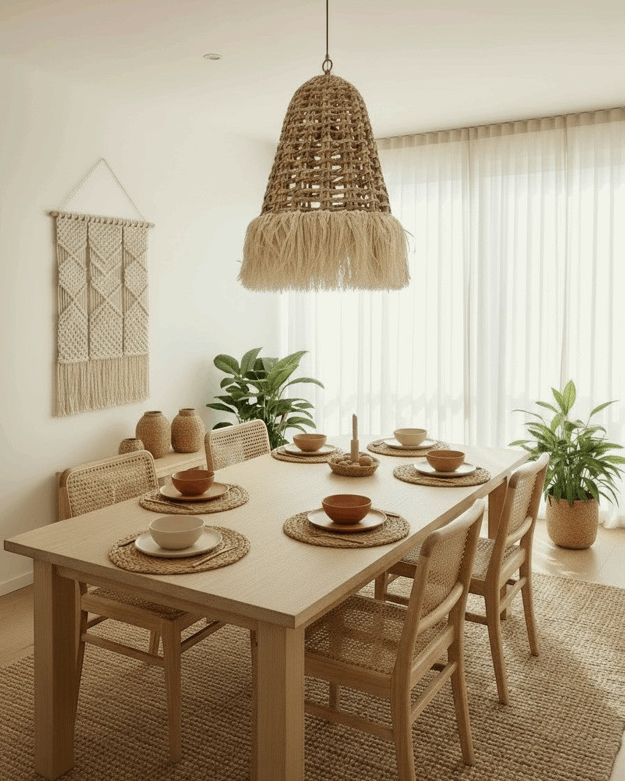 Kayu Living Enceng pendant lamp, handcrafted from natural water hyacinth with a fringed hem, natural beige color.