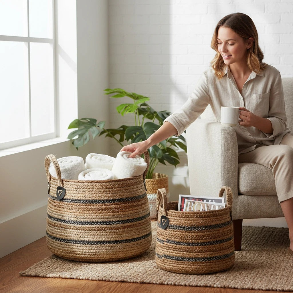 Kayu Living Erba set of 2 handcrafted natural banana-leaf storage baskets with black striped weave and leather tabs.