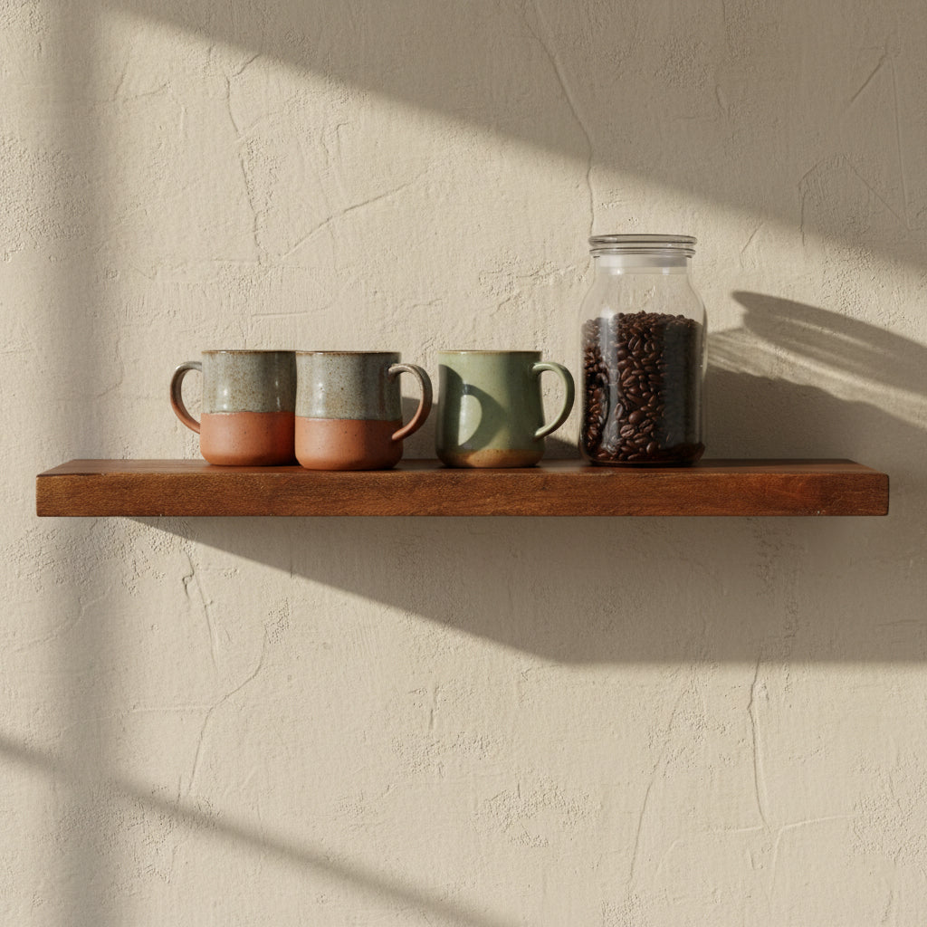 Kayu Living Factory floating wall shelf in dark reclaimed FSC-recycled wood with ceramic mugs and coffee beans
