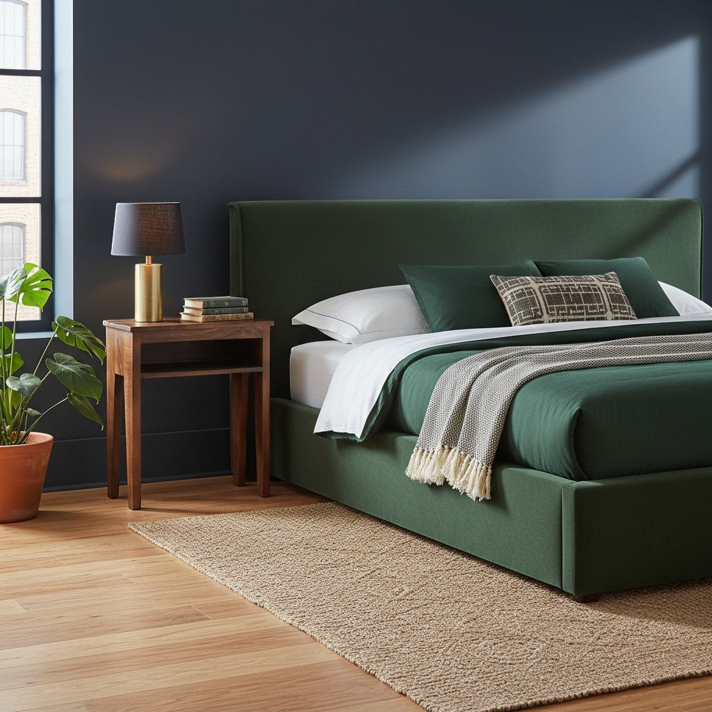 Kayu Living Factory bedside table in recycled wood with tapered legs, placed next to a green upholstered bed.