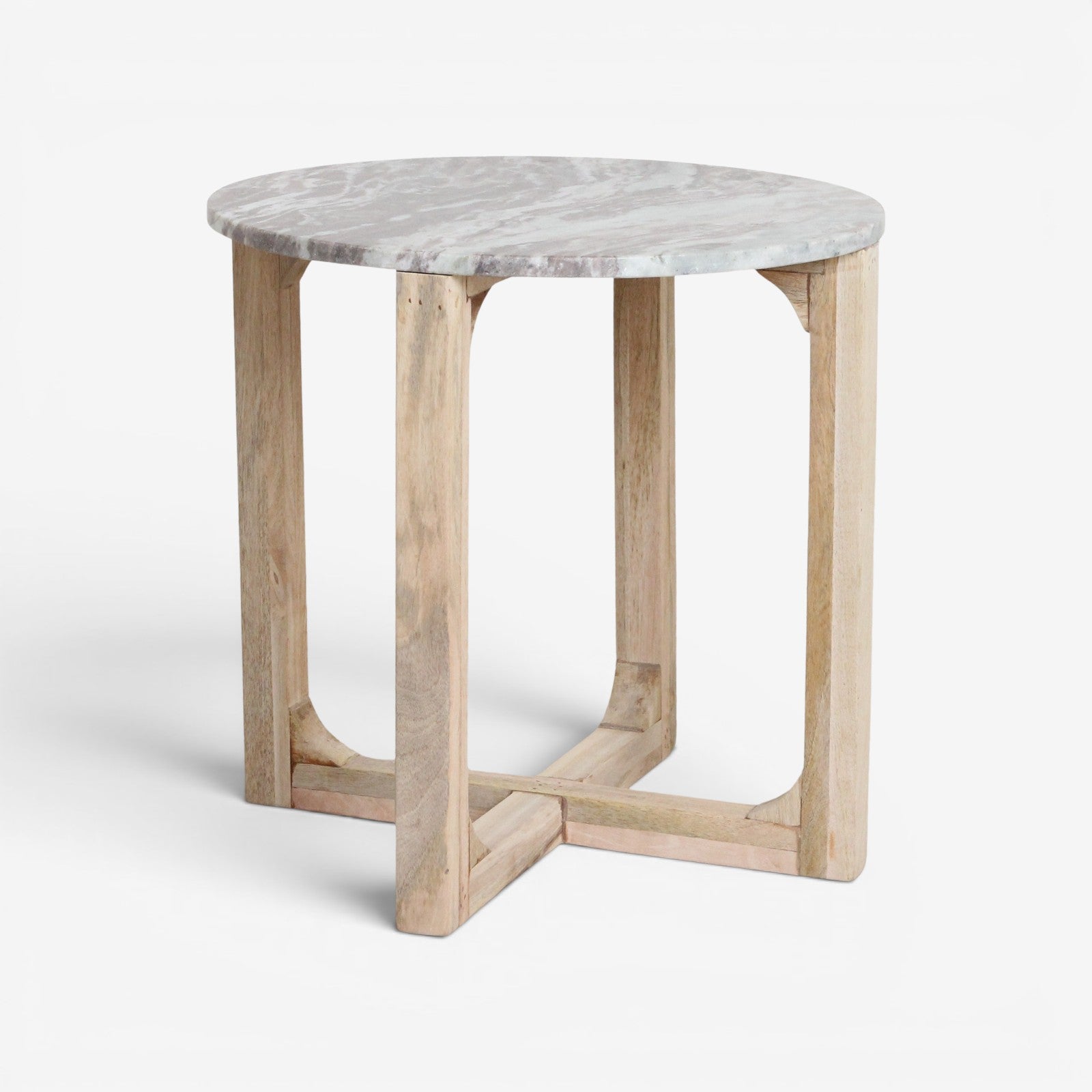 Kayu Living round side table with a Fantasy Brown marble top and light-toned Indian mango wood cross-base legs.