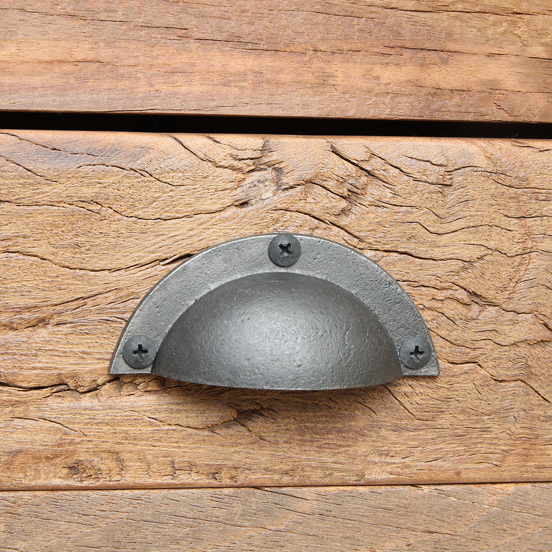 Kayu Living rustic reclaimed wood console table drawer with a dark metal cup handle and visible wood grain texture.