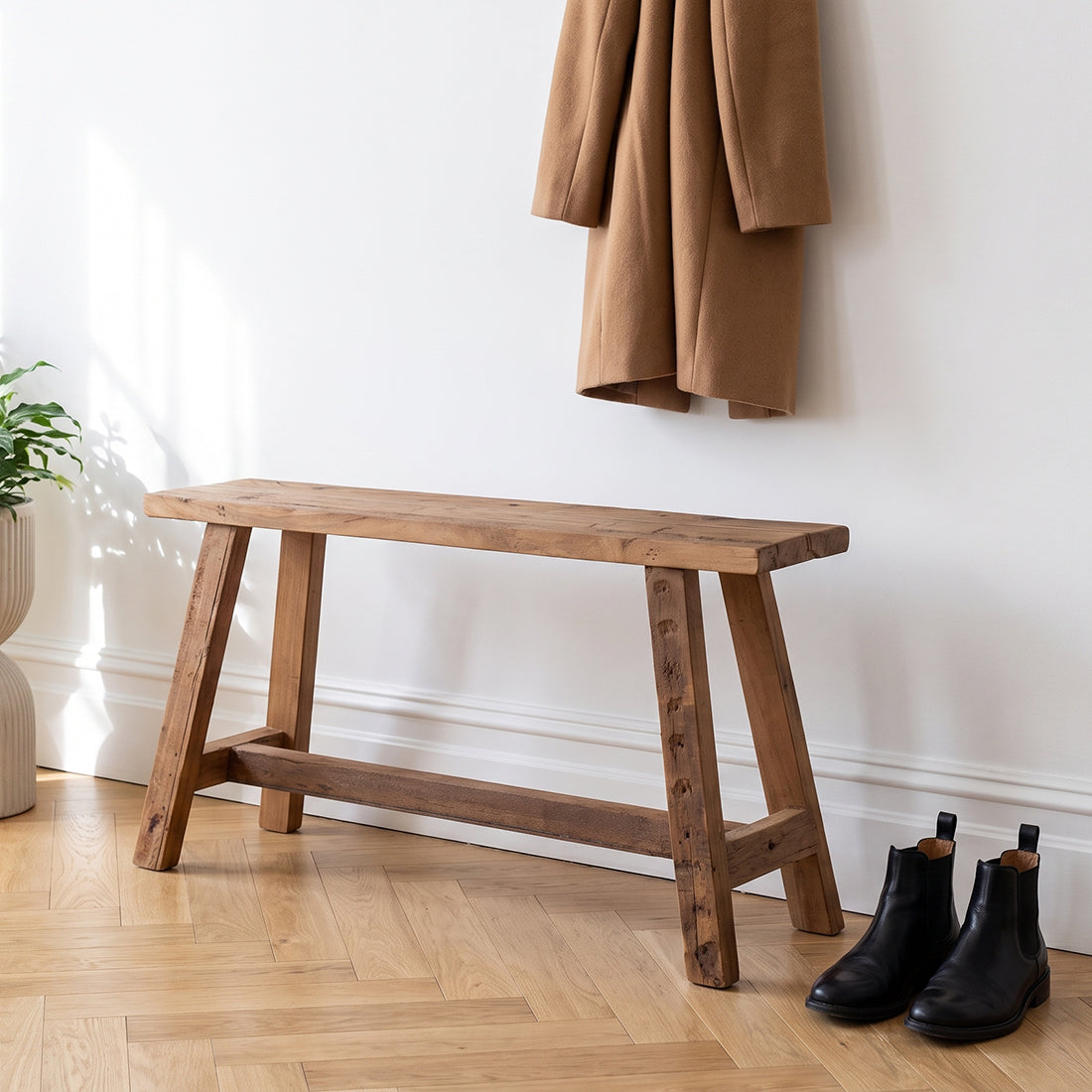 Kayu Living Farmwood 85cm bench made from reclaimed Indian wood with a rustic patina in a bright hallway setting.