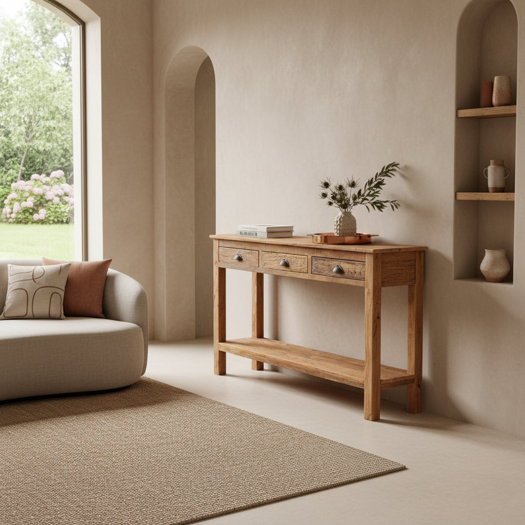 Kayu Living Farmwood console table in reclaimed wood with three drawers and lower shelf in a rustic living room