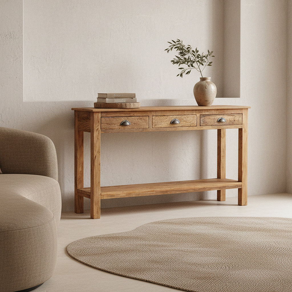 Kayu Living Farmwood console table in reclaimed wood with three drawers and lower shelf in a rustic living room.
