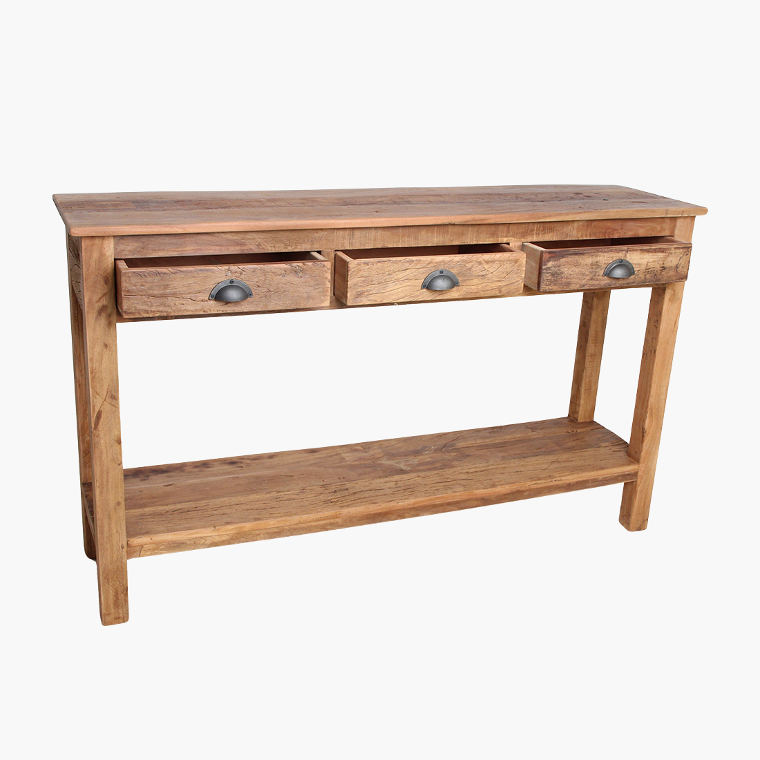 Kayu Living Farmwood console table in reclaimed wood with three drawers and a lower shelf on a white background.