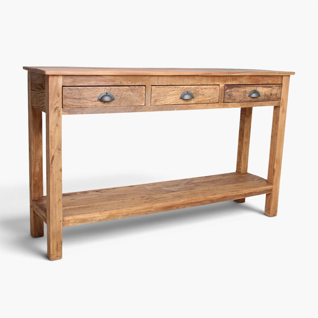 Kayu Living Farmwood console table in rustic reclaimed wood with three drawers and a lower shelf on a white background