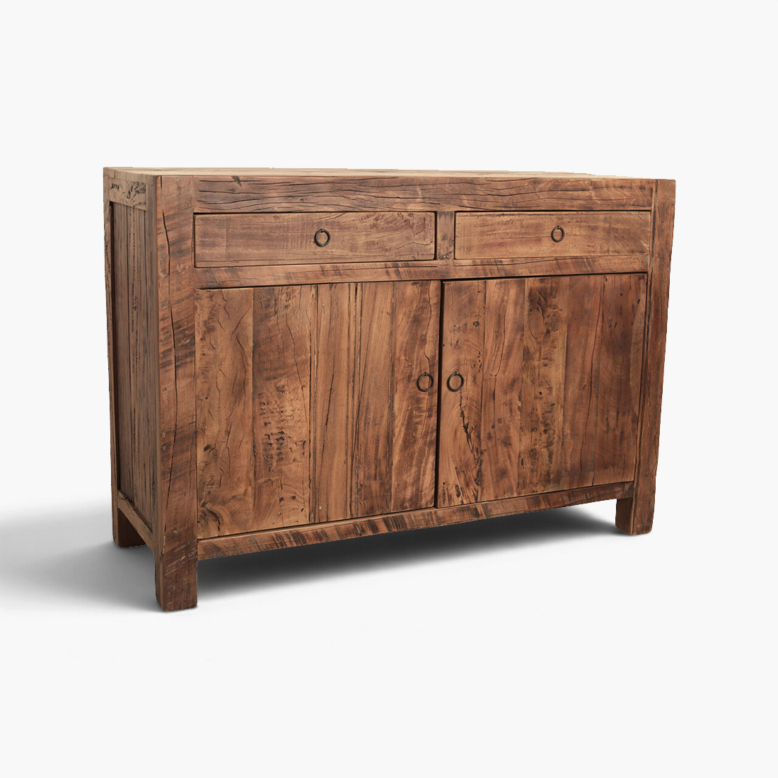 Kayu Living Farmwood sideboard made from reclaimed FSC-certified wood with two drawers and two cabinet doors.
