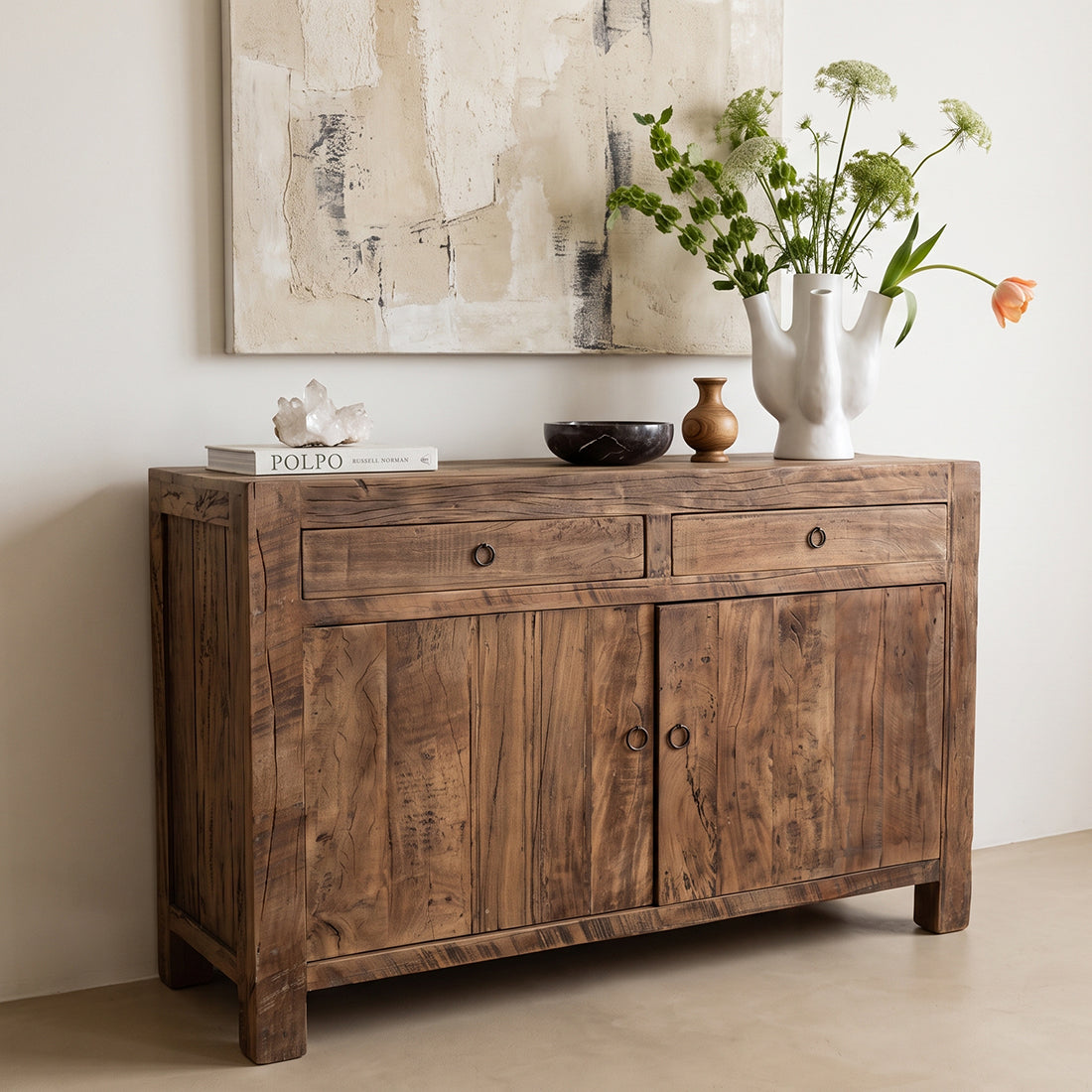 Kayu Living Farmwood sideboard made from reclaimed FSC-certified wood with two drawers and two cabinet doors