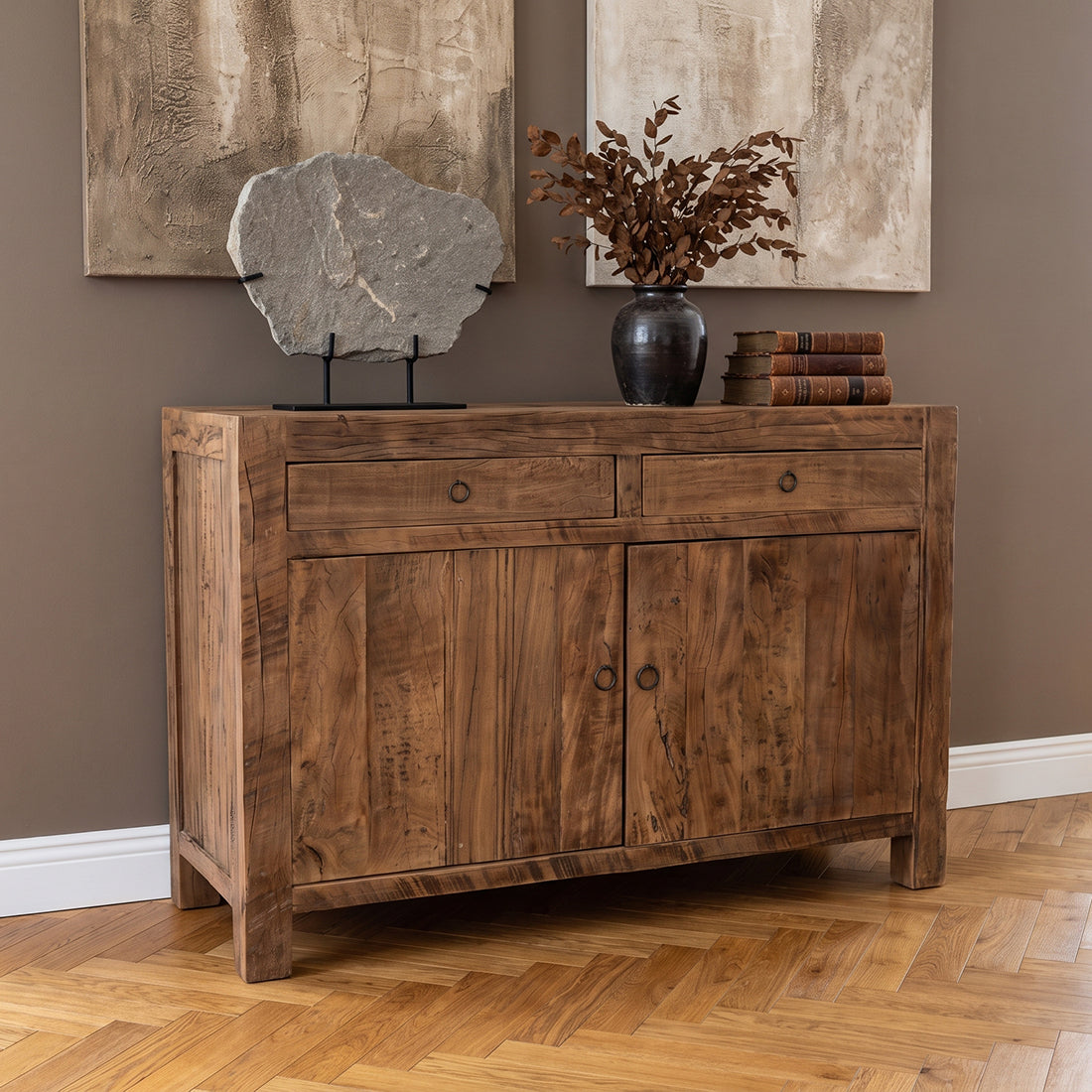Kayu Living Farmwood sideboard made from reclaimed FSC-certified wood with two drawers and two cabinet doors.