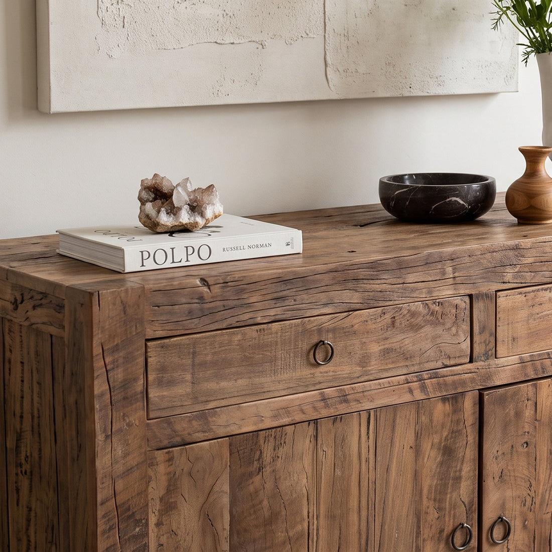 Kayu Living Farmwood sideboard made of reclaimed FSC-certified wood with rustic texture, drawers, and metal ring pulls.