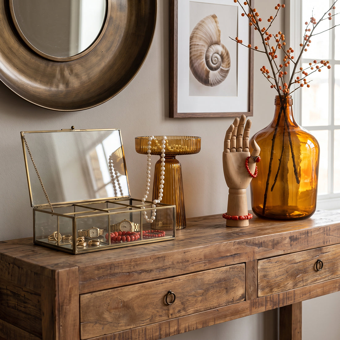 Kayu Living Farmwood reclaimed wood side table with two drawers, styled with a glass jewelry box and decor items.