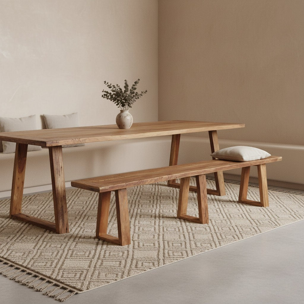 Kayu Living Farmwood dining bench in recycled wood with natural grain, placed in a minimalist dining room setting.