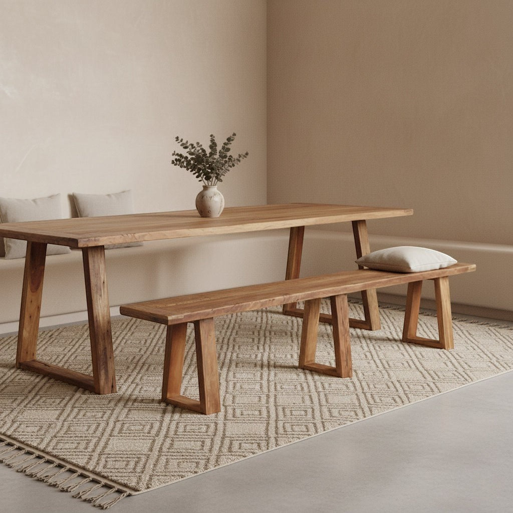 Kayu Living 200 cm Farmwood dining bench made from FSC recycled wood with a natural grain in a minimalist dining room.