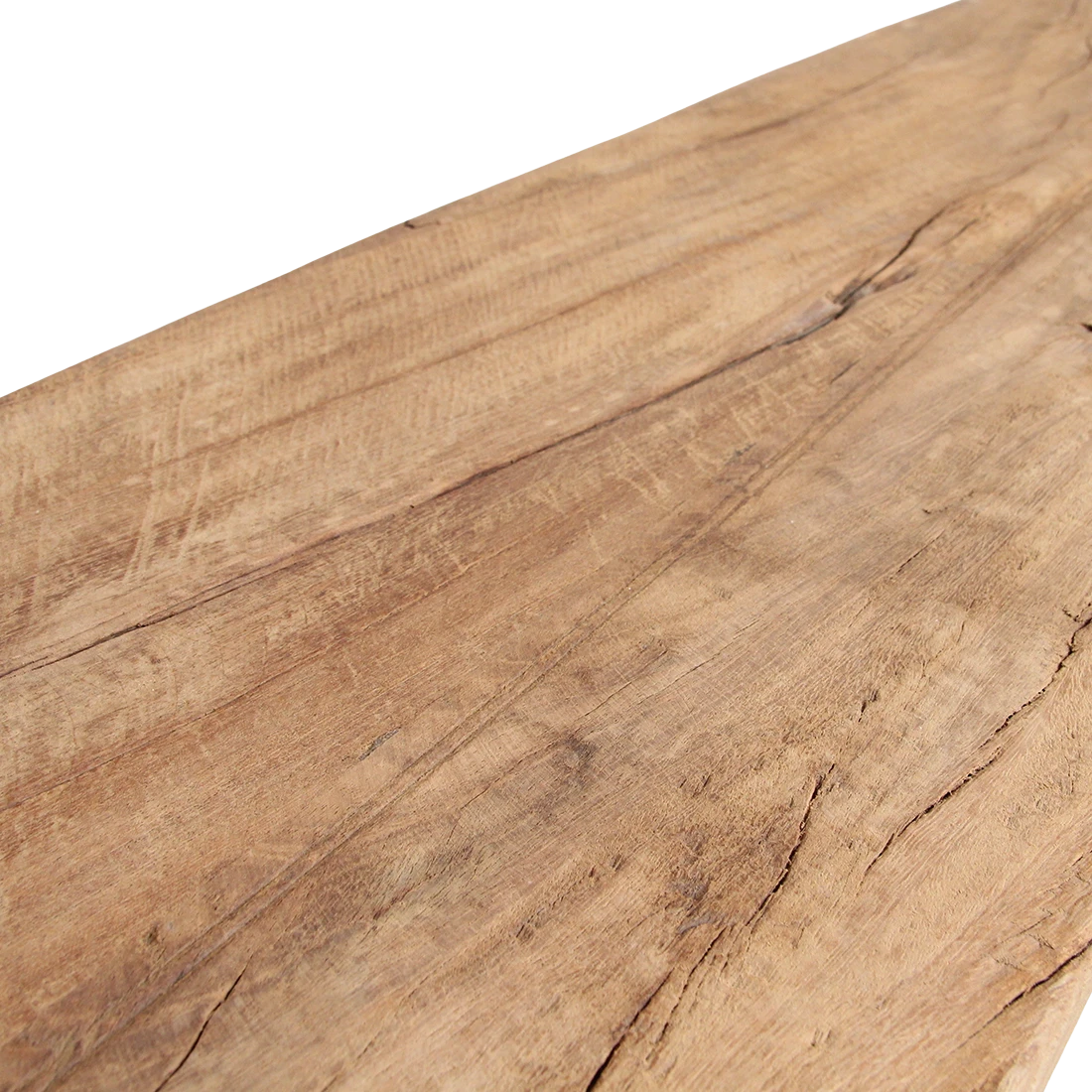 Kayu Living Farmwood dining bench surface showing natural wood grain and rustic cracks in recycled FSC wood