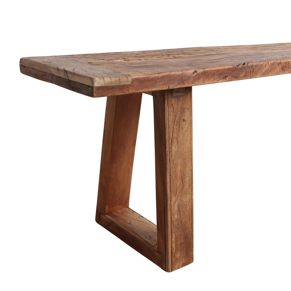 Kayu Living Farmwood dining bench made of recycled wood with a rustic grain and sturdy trapezoid leg design.