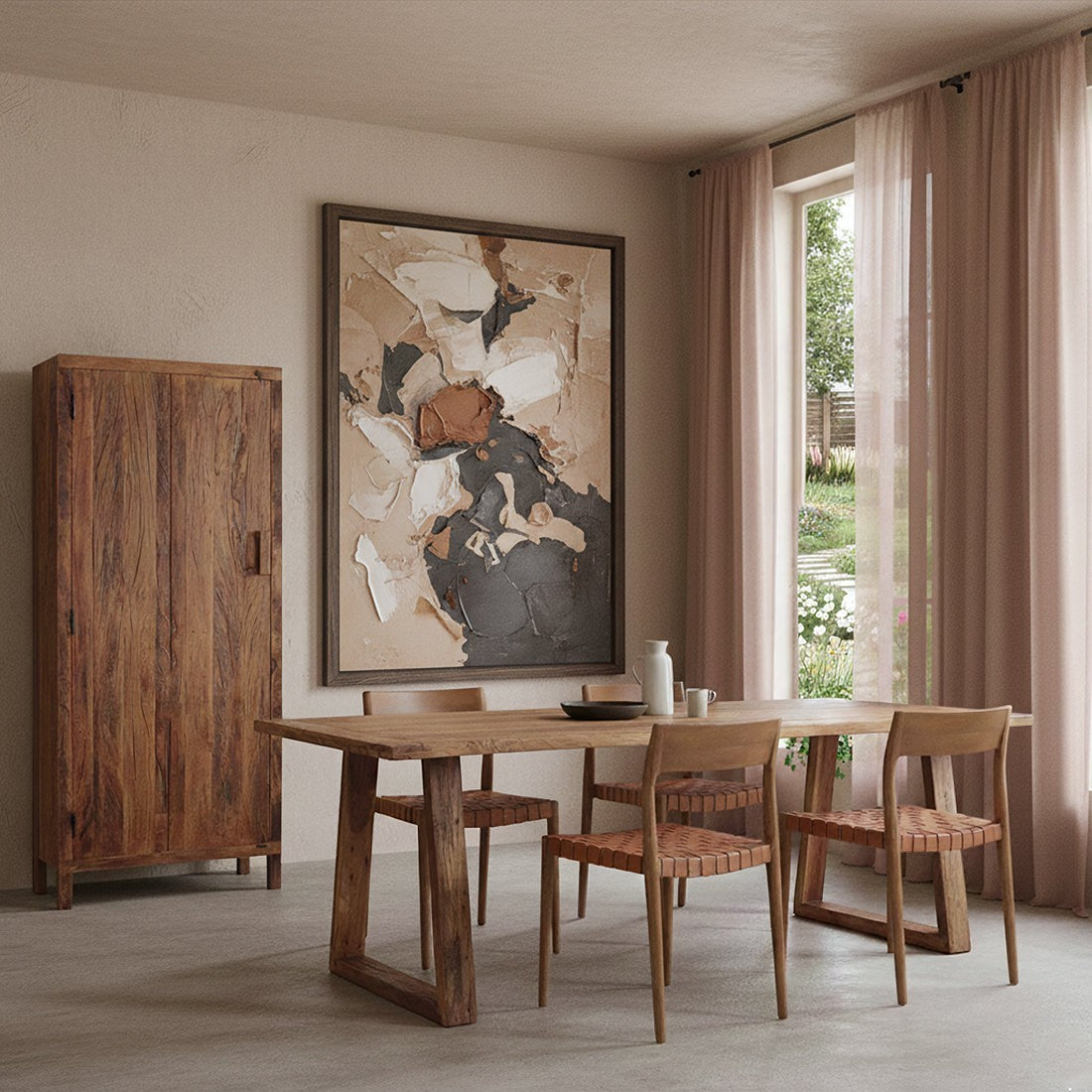 Kayu Living Farmwood cabinet made of recycled wood standing in a warm-toned dining room with a matching wooden table.