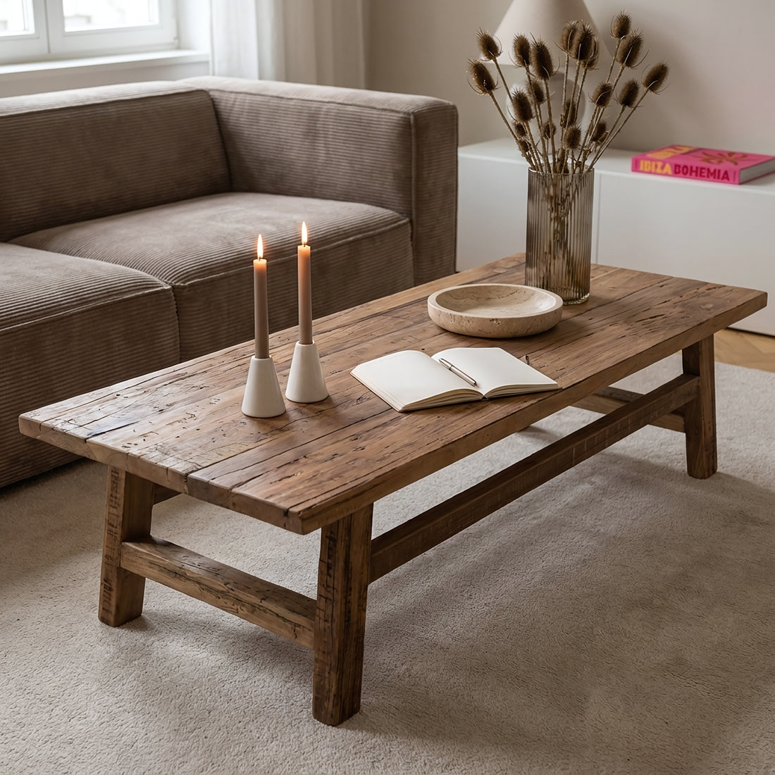 Kayu Living Farmwood rectangular coffee table made from recycled FSC-certified wood with natural knots and texture.