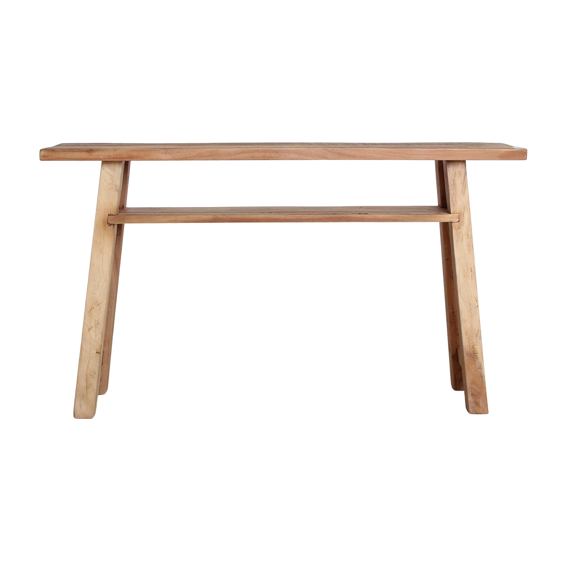 Kayu Living Farmwood console table made from recycled FSC beams with a lower shelf and natural wood grain texture.