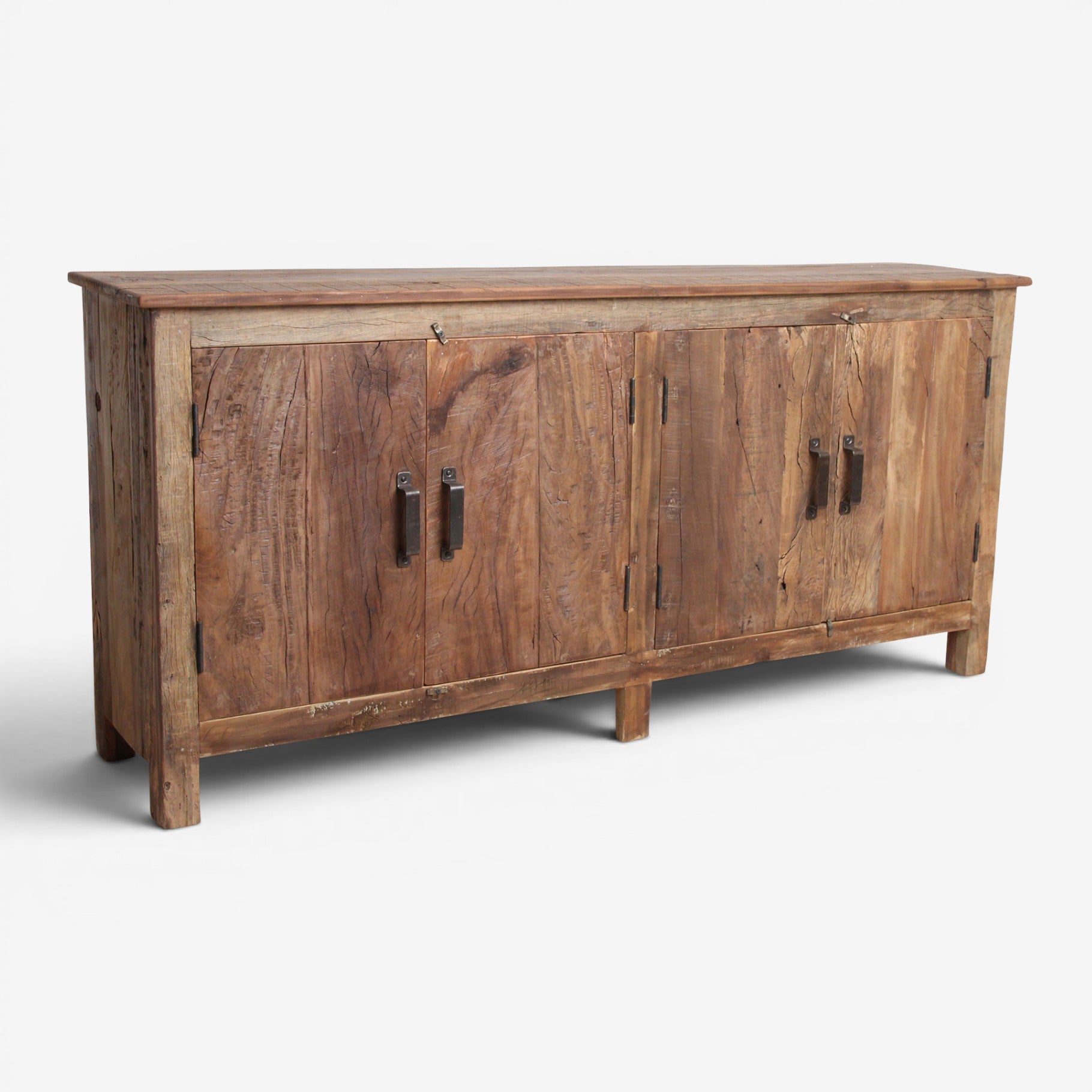 Kayu Living Farmwood sideboard made from recycled wood with four doors and rustic metal handles on a black background.