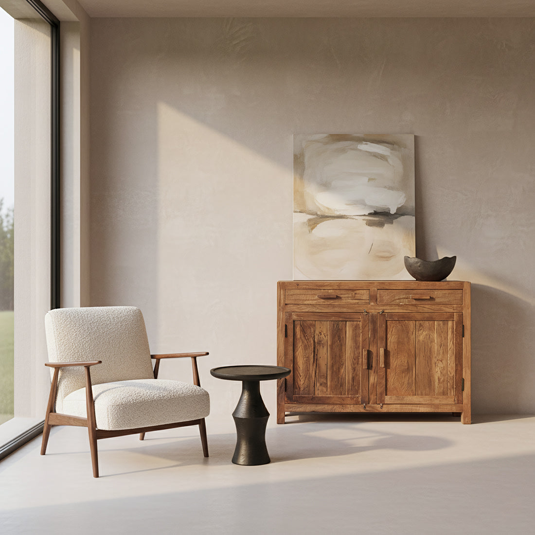 Kayu Living Farmwood sideboard in brown recycled wood with two doors and drawers in a minimalist living room setting.