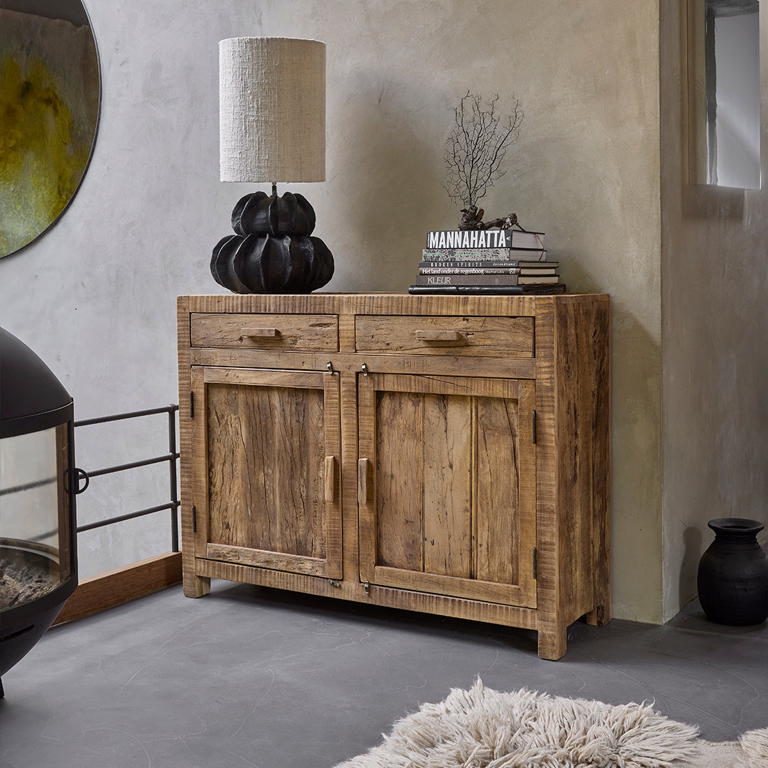 Kayu Living Farmwood sideboard in brown recycled wood with two drawers and two doors, featuring a rustic grain finish.