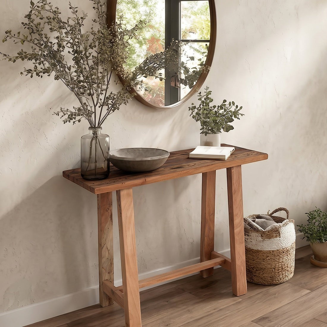 Kayu Living Farmwood wall table made from FSC recycled wood with natural grain and knots in a rustic living room