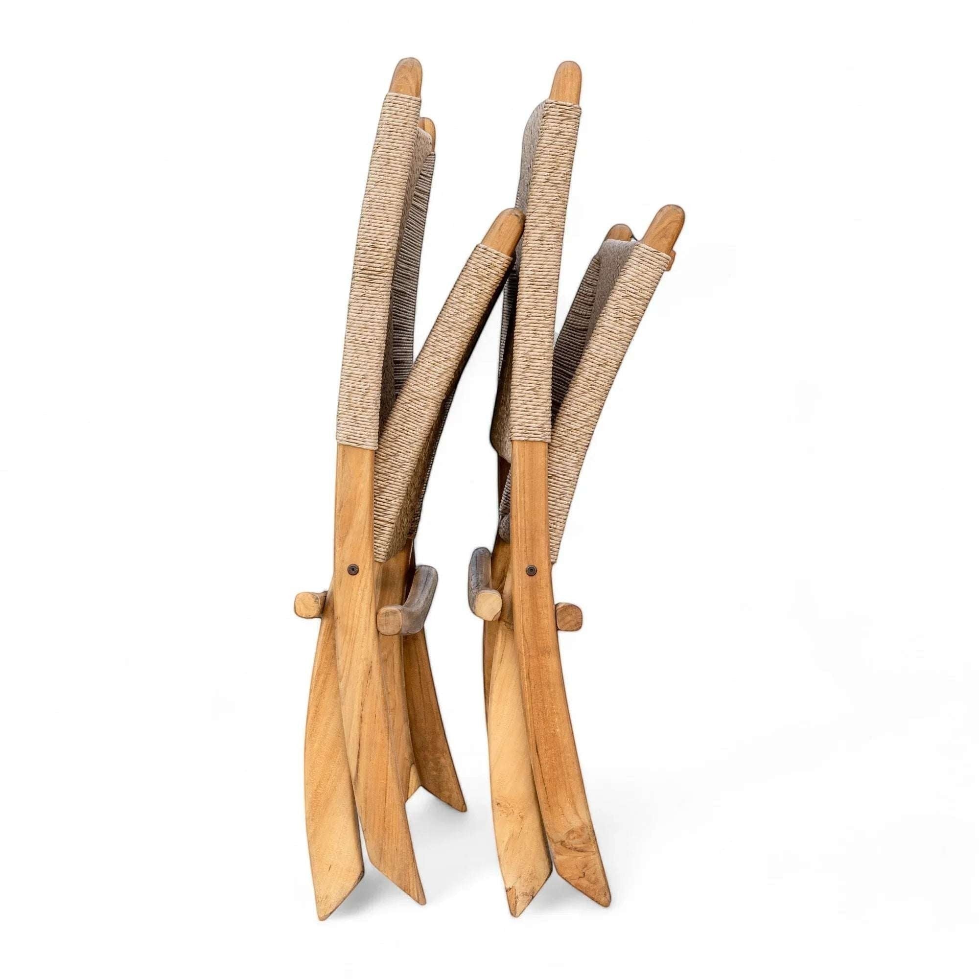 Kayu Living Cemagi foldable lounge chair with teak frame and handwoven synthetic rope seat, natural beige.