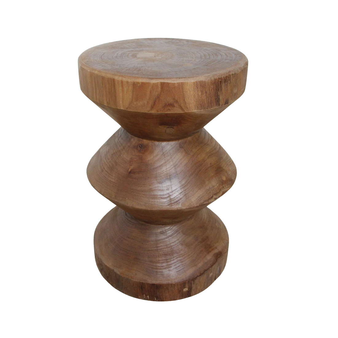 Kayu Living Forma Rizo solid teak side table with a stacked geometric design and natural wood grain finish.